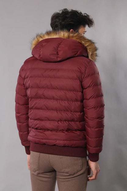 Fur Hooded Burgundy Men Down Coat