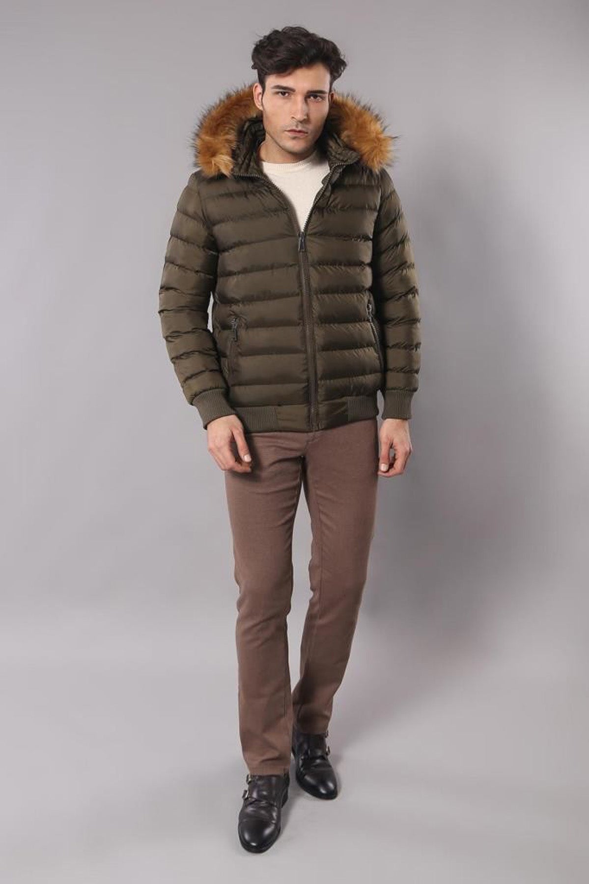 Khaki Fur Hooded Men's Puffer Coat