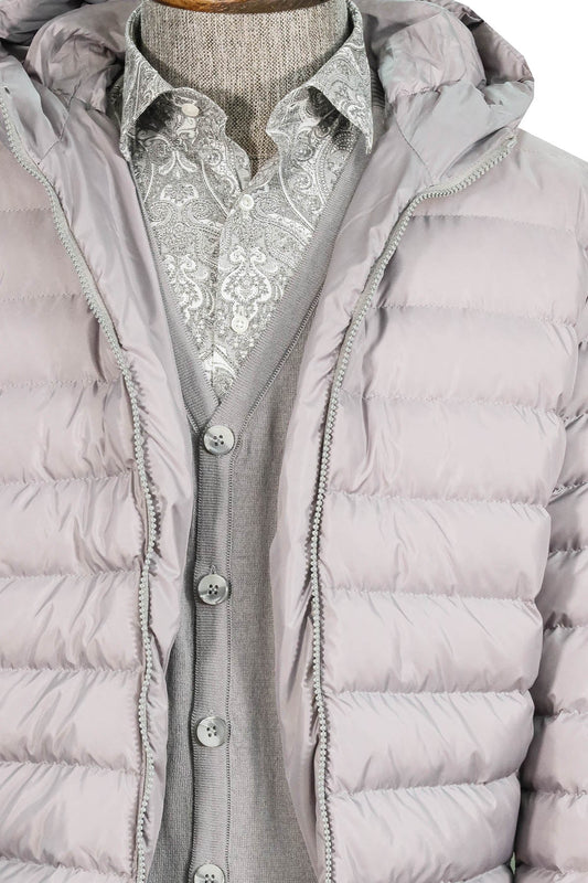 KOALA SYDNEY  Gray Quilted Jacket, Patterned Shirt, Cardigan, and Gray Trousers Combination - Modern Winter Style