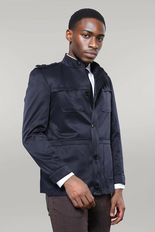 Plain Navy Blue Men Short Coat