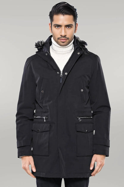 Fur Hooded Black Men Coat
