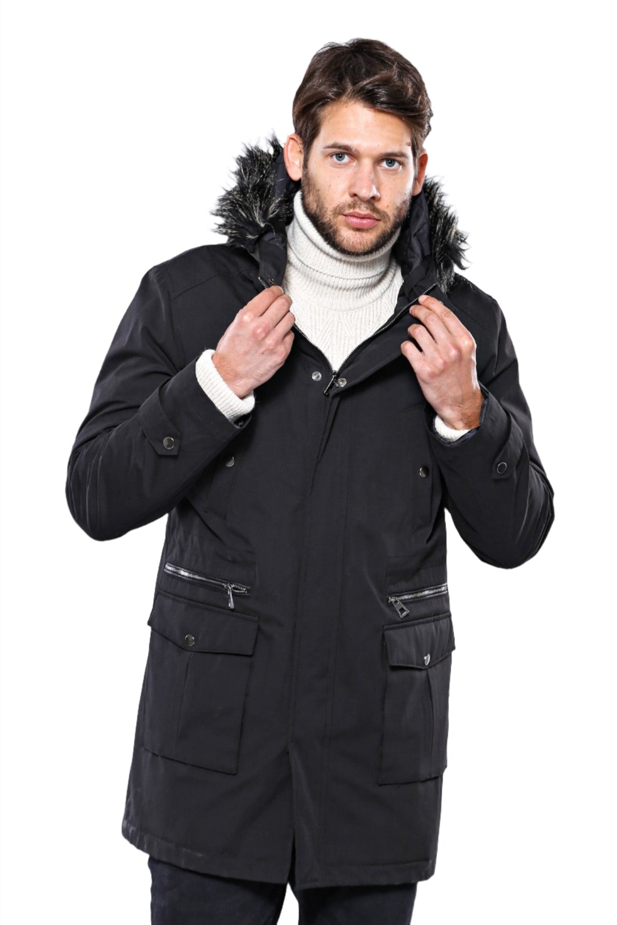 Fur Hooded Black Men Coat