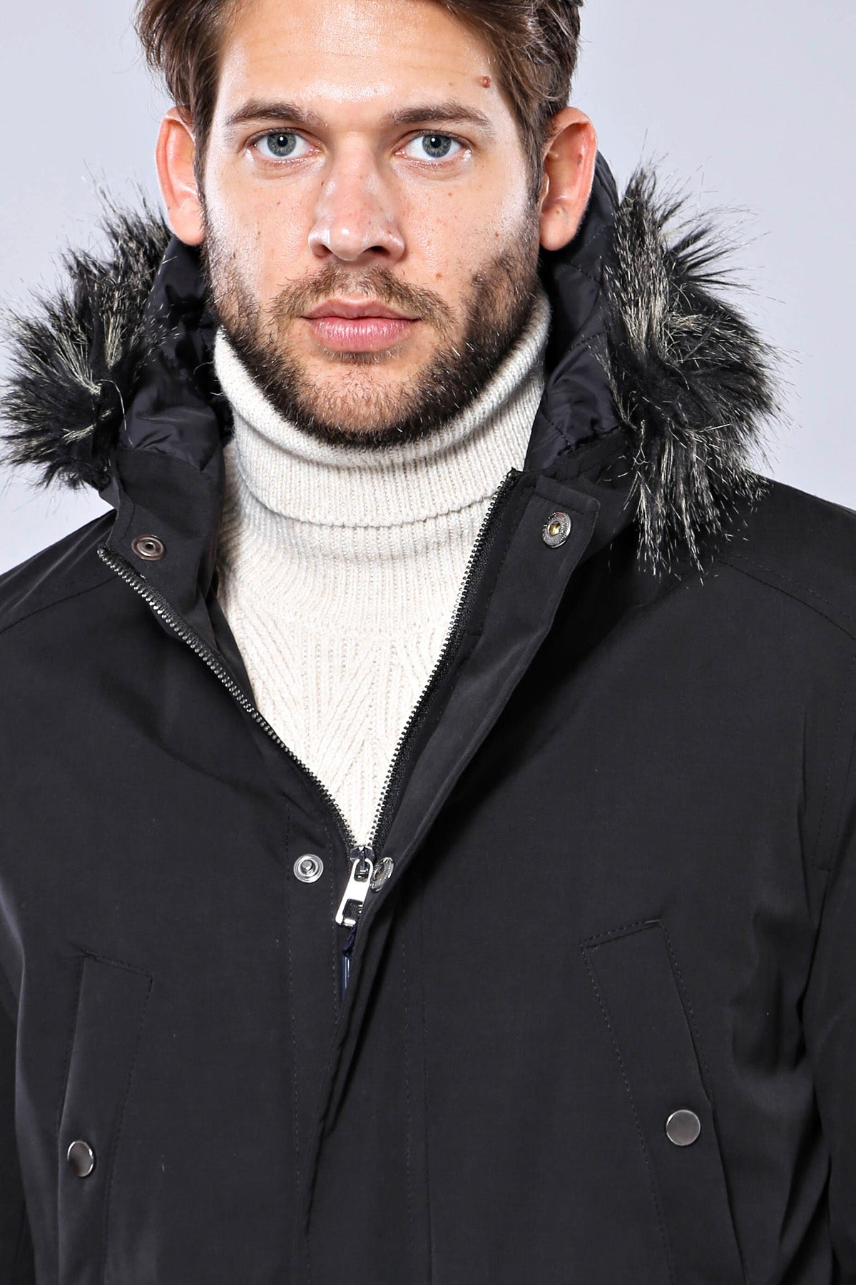 Fur Hooded Black Men Coat