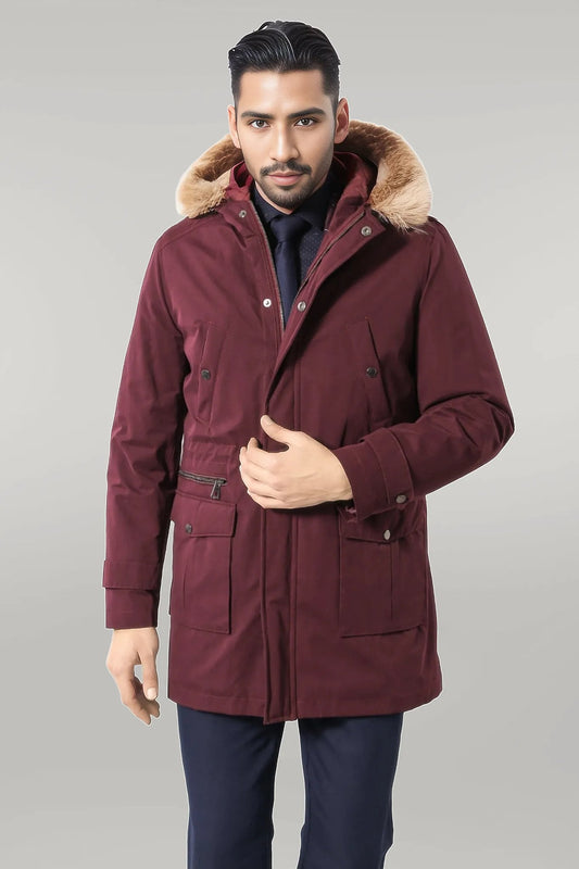 Fur Hooded Burgundy Men Coat
