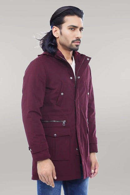Fur Hooded Burgundy Men Coat