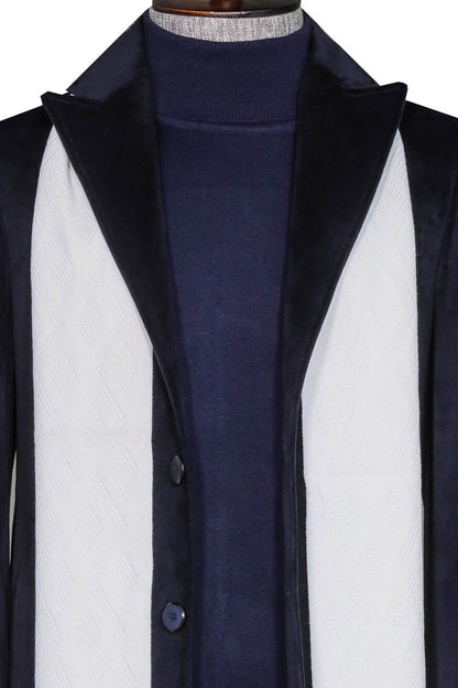 Navy Blue Coat, White Scarf, Turtleneck Knitwear, and Plaid Trousers Look Urban Men’s Winter Fashion