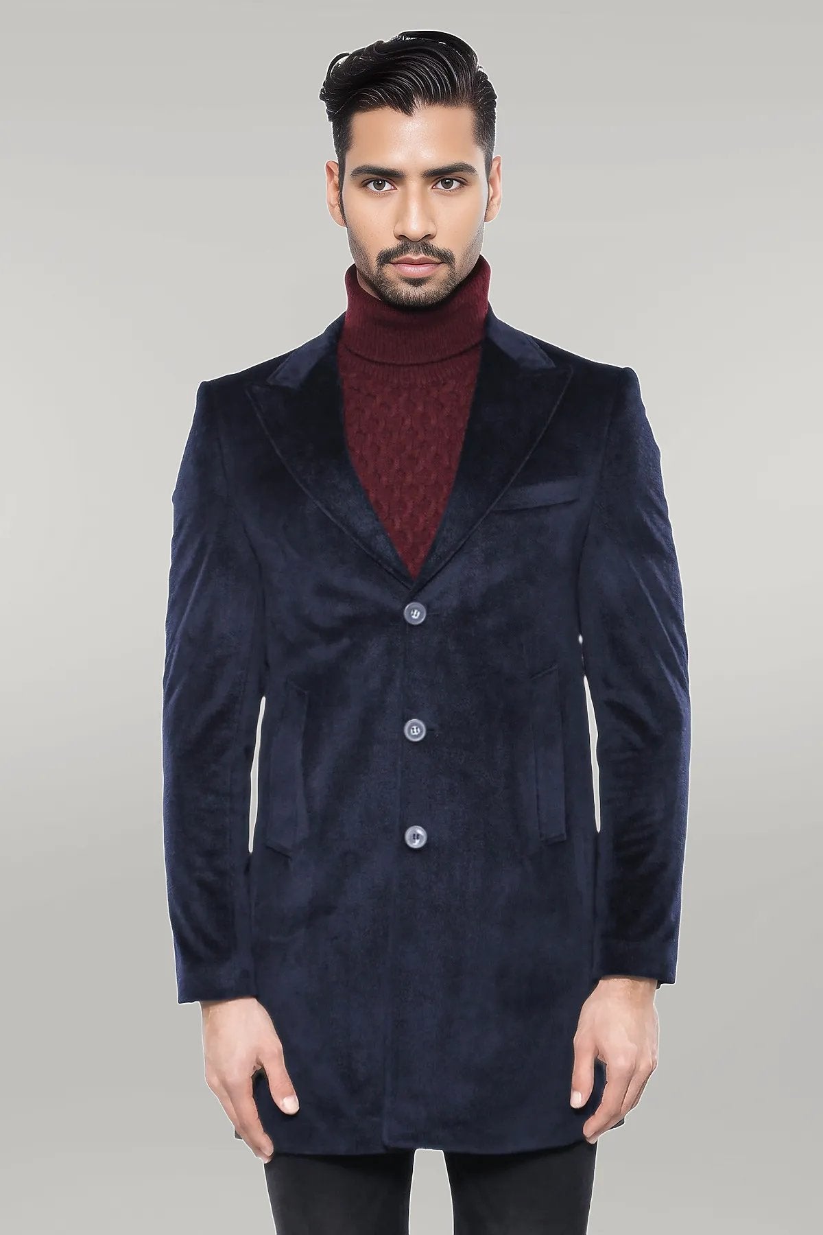 Wide Lapel Cachet Navy Blue Men Coat