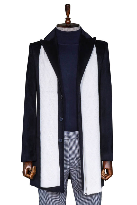 Navy Blue Coat, White Scarf, Turtleneck Knitwear, and Plaid Trousers Look Urban Men’s Winter Fashion