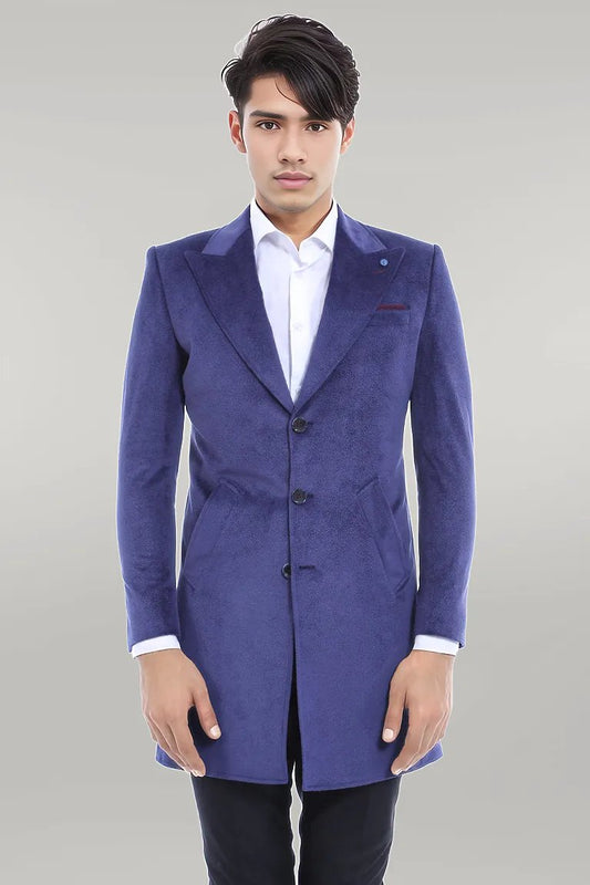 Peak Lapel Blue Men Coat