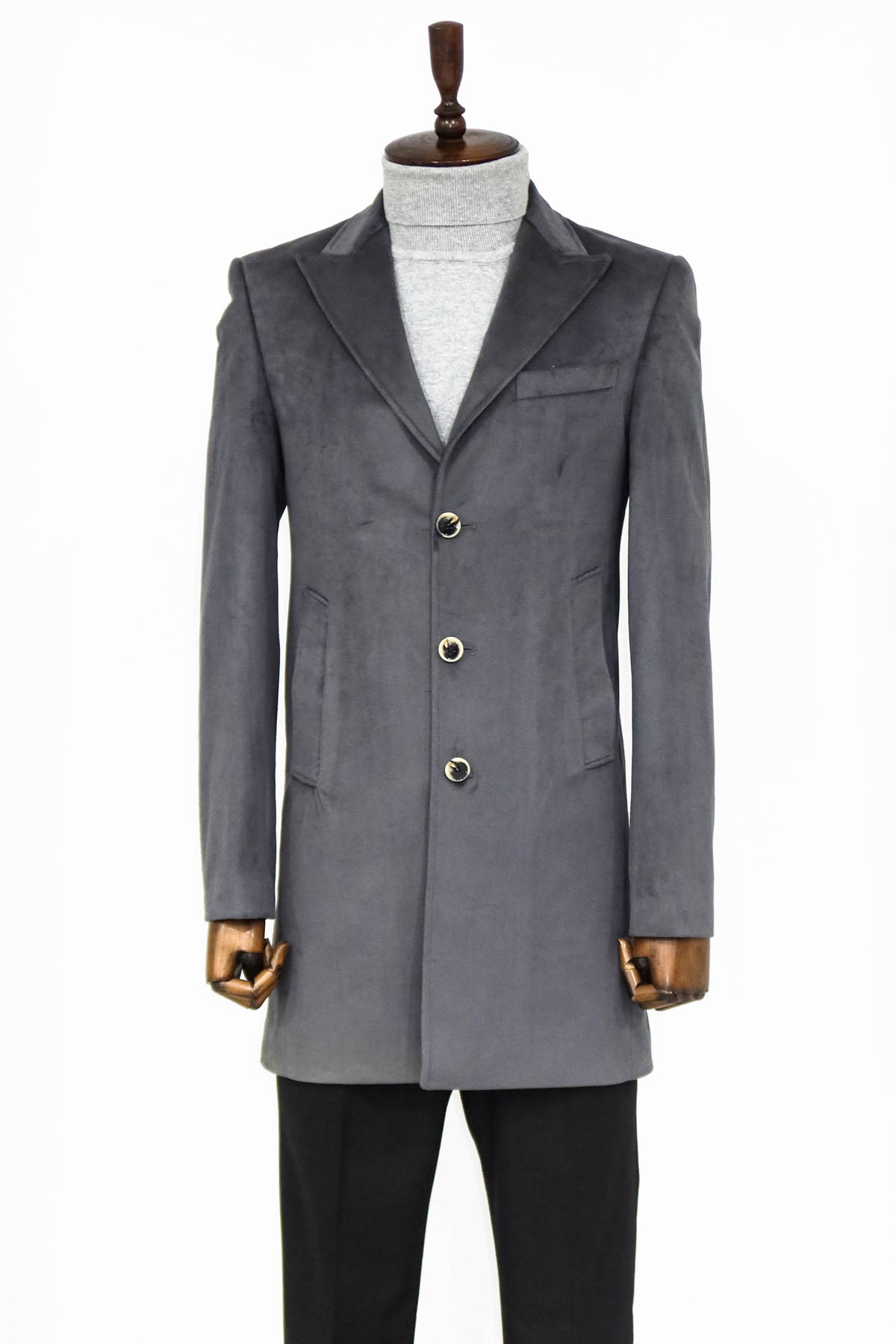 Suede Slim Fit Long Grey Men Coat