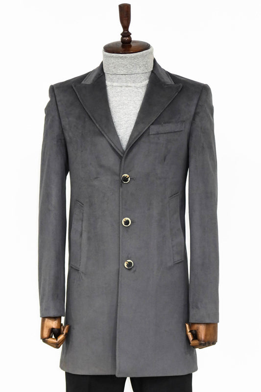 Suede Slim Fit Long Grey Men Coat