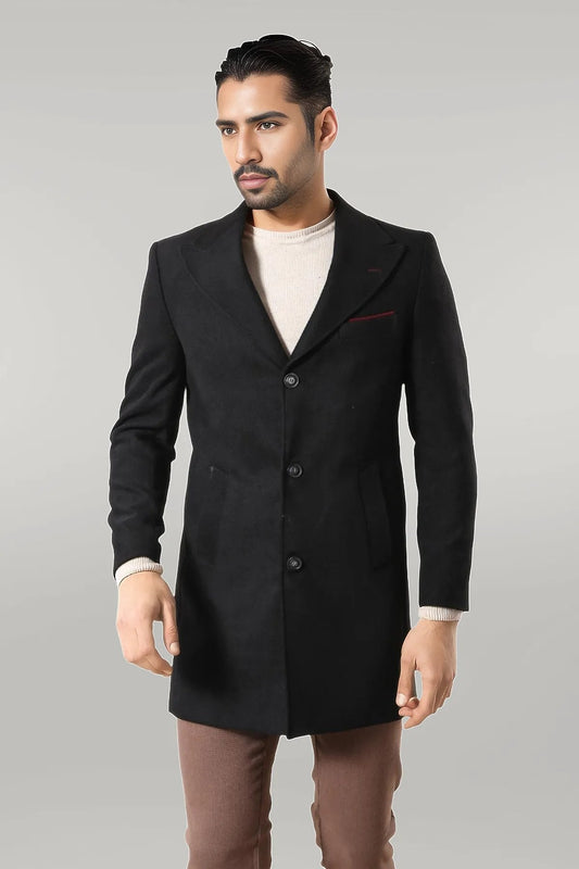 Wide Pointed Collar Over Knee Black Men Coat