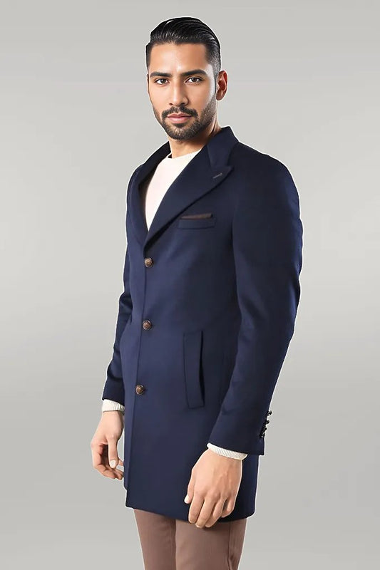 Wide Pointed Collar Over Knee Navy Blue Men Coat