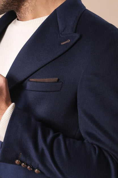 Wide Pointed Collar Over Knee Navy Blue Men Coat