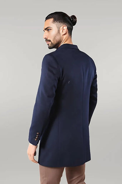 Wide Pointed Collar Over Knee Navy Blue Men Coat