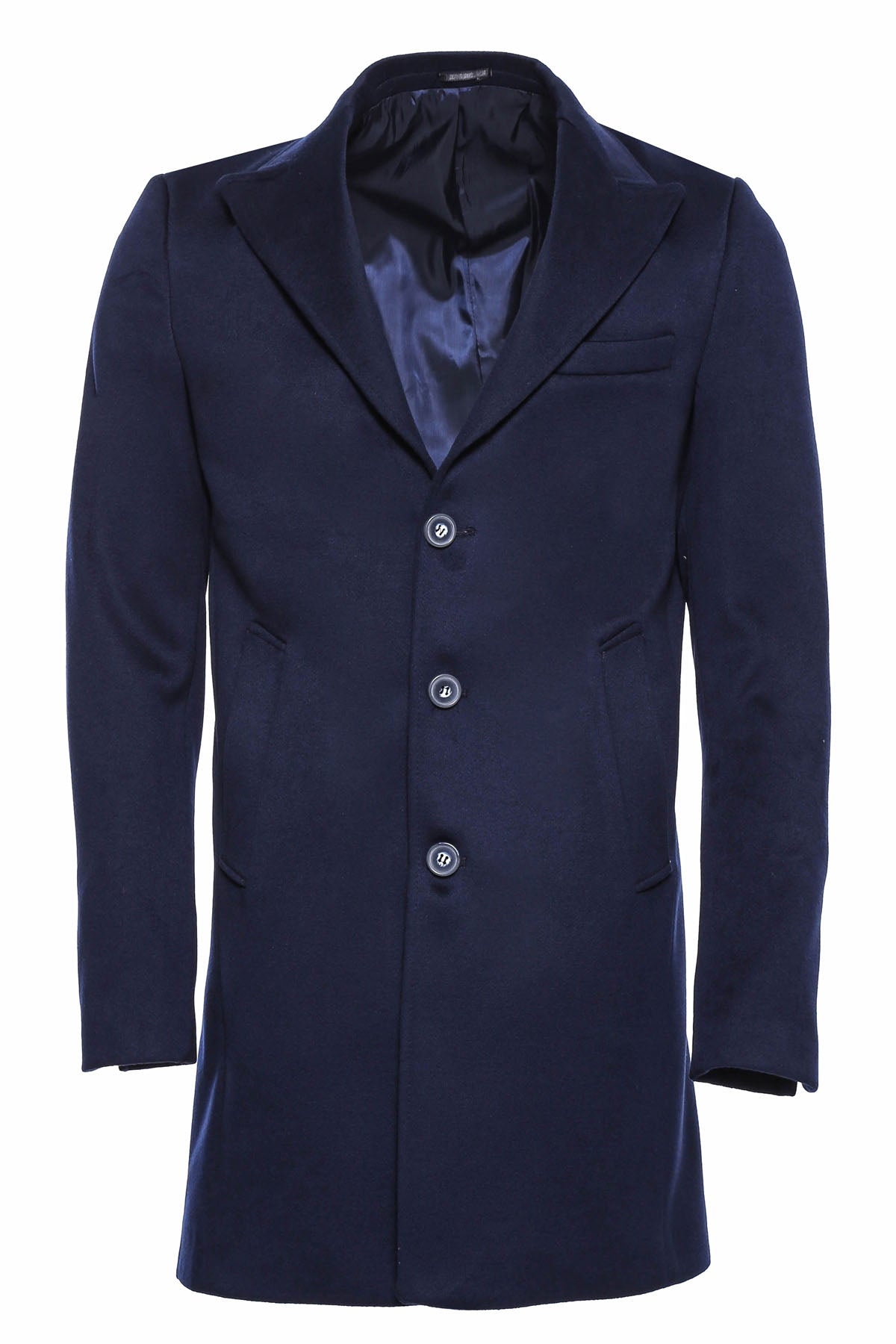Wide Pointed Collar Over Knee Navy Blue Men Coat