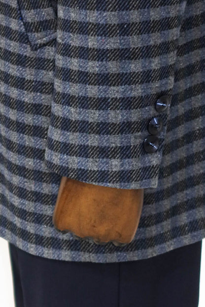Cachet Plaid Wide Lapel Slim Fit Navy Blue Men Coat