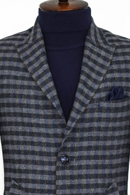 Cachet Plaid Wide Lapel Slim Fit Navy Blue Men Coat