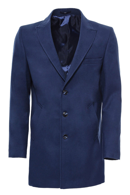 Plain Peak Lapel 3 Buttons Blue Men Coat