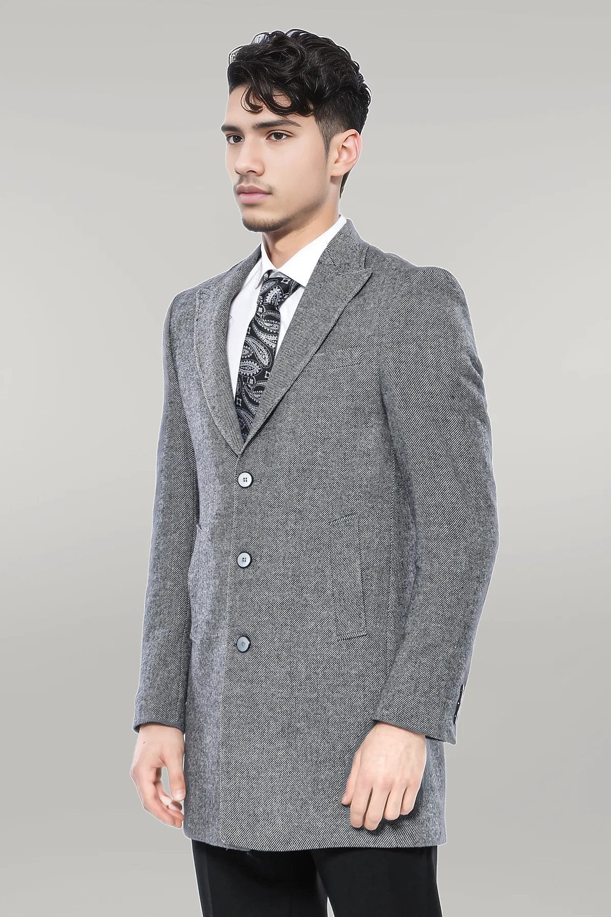 Cachet Peak Lapel Grey Men Long Coat
