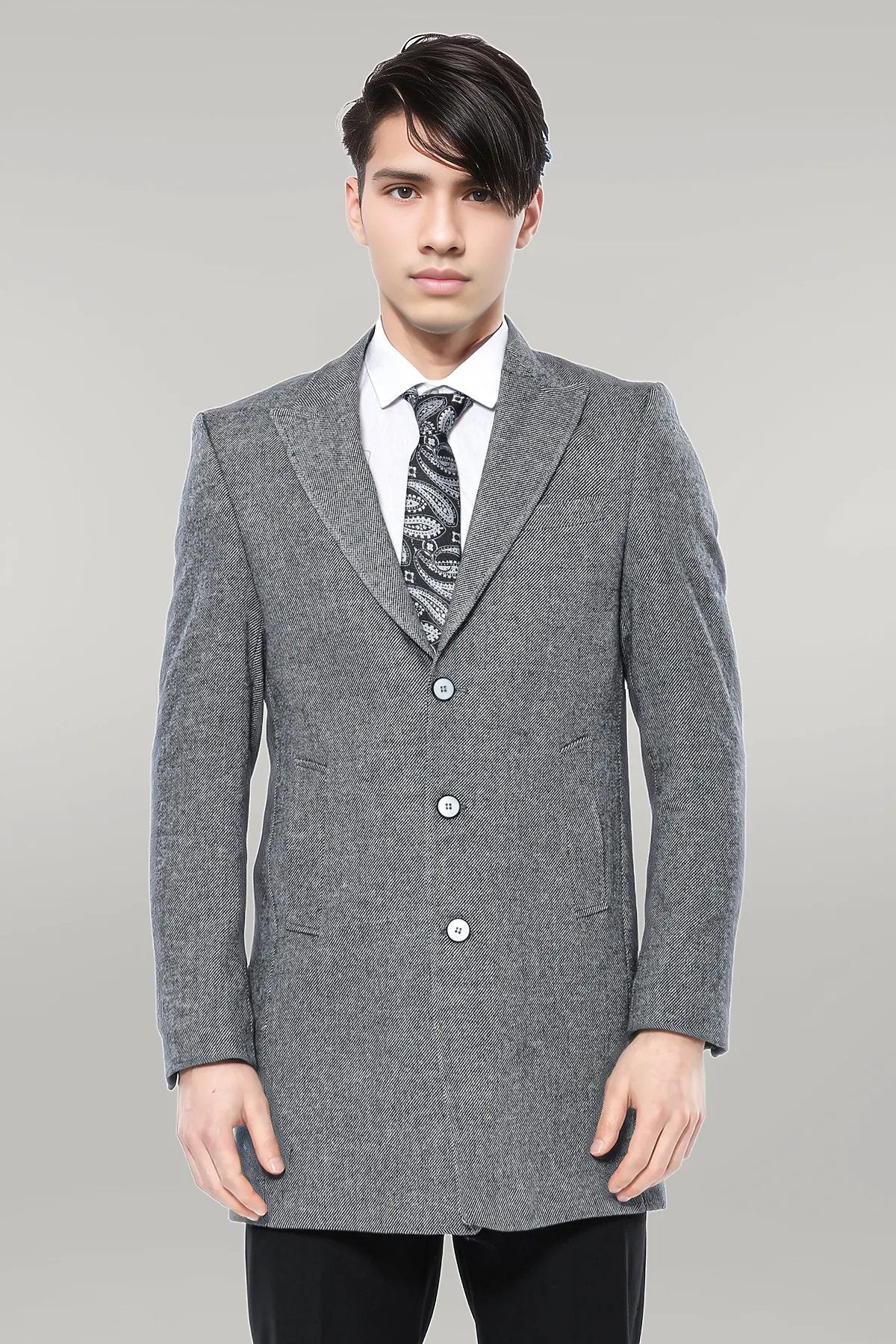 Cachet Peak Lapel Grey Men Long Coat