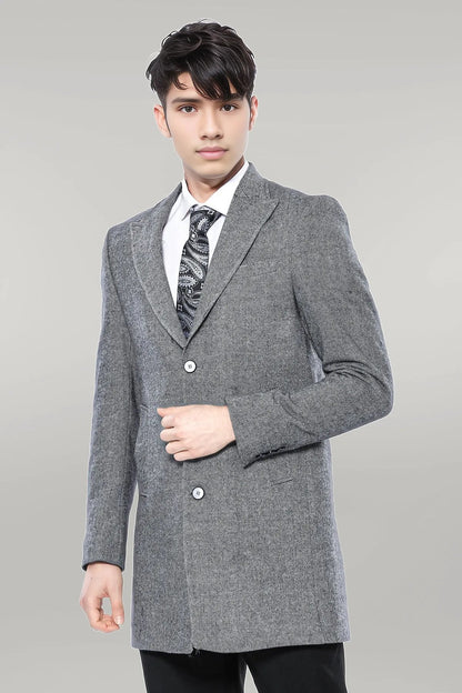 Cachet Peak Lapel Grey Men Long Coat