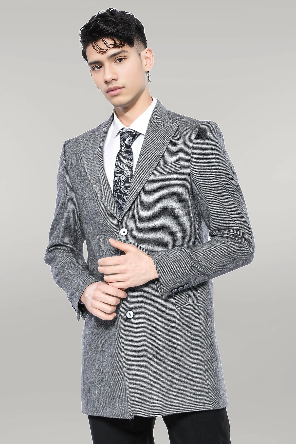Cachet Peak Lapel Grey Men Long Coat