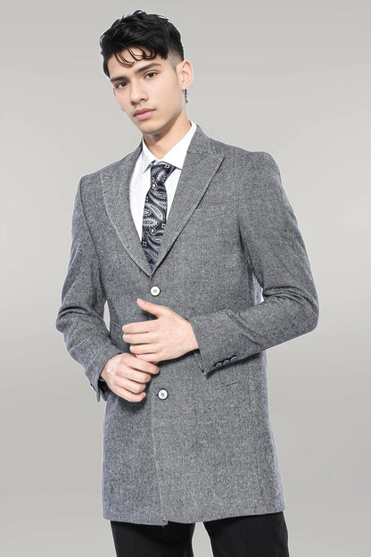 Cachet Peak Lapel Grey Men Long Coat