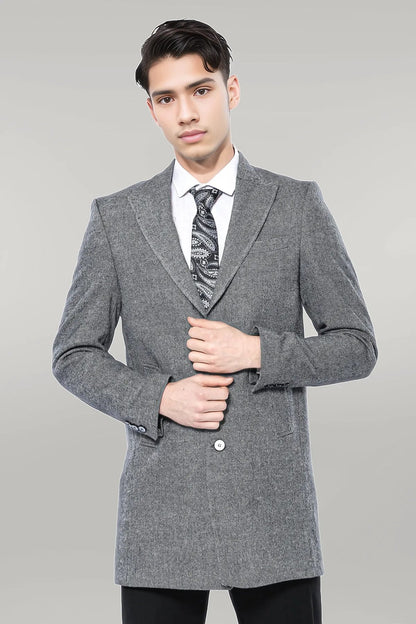 Cachet Peak Lapel Grey Men Long Coat