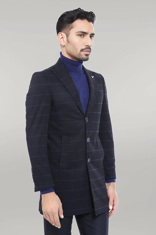 Wide Pointed Collar Black Men Coat