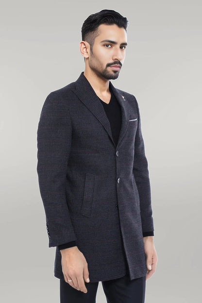 Wide Pointed Collar Anthracitic Plaid Coat