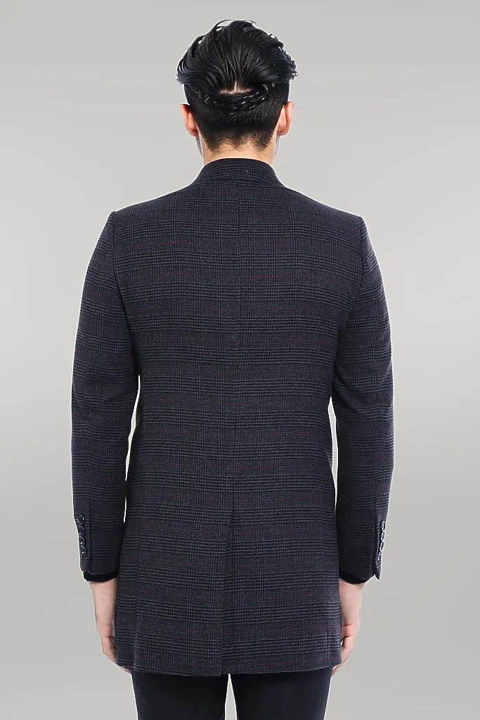 Wide Pointed Collar Anthracitic Plaid Coat
