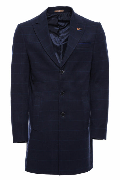 Wide Pointed Collar Navy Blue Plaid Coat