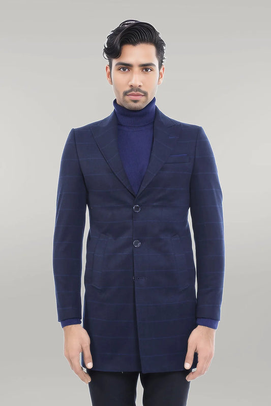 Wide Pointed Collar Navy Blue Plaid Coat