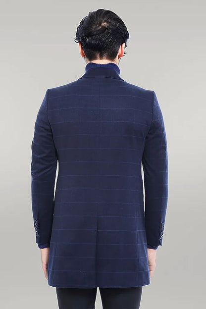 Wide Pointed Collar Navy Blue Plaid Coat