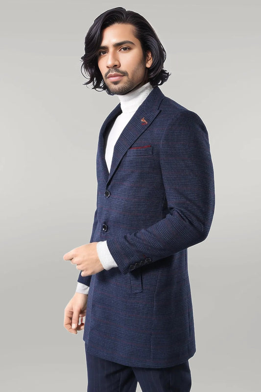 Wide Pointed Collar Blue Men Coat