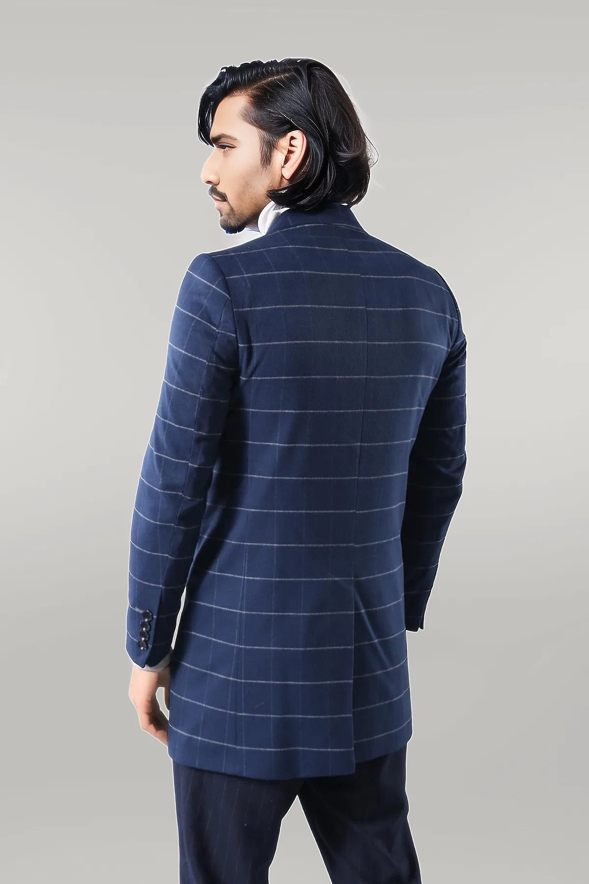 Wide Pointed Collar Indigo Men Coat
