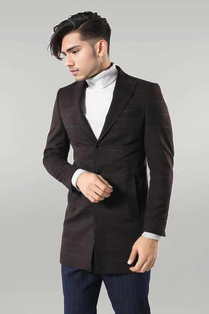 Wide Pointed Collar Brown Men Coat