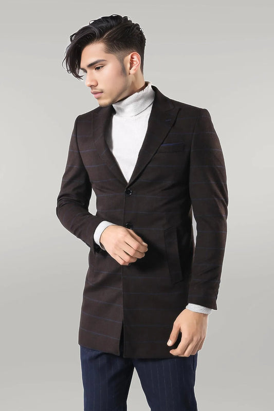 Wide Pointed Collar Brown Men Coat