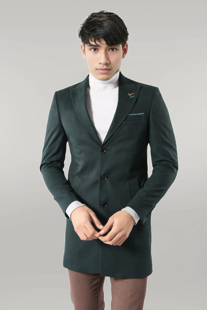 Wide Pointed Collar Green Men Coat