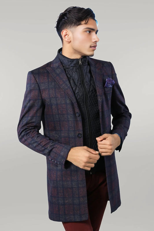 Double-Breasted Plaid Burgundy Men Coat