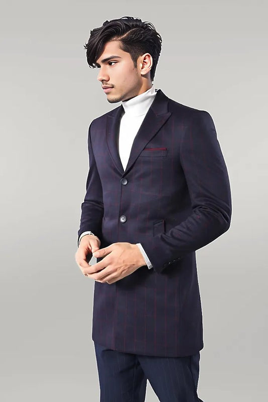 Plaid Navy Blue Men Coat