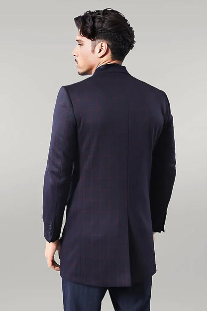 Plaid Navy Blue Men Coat