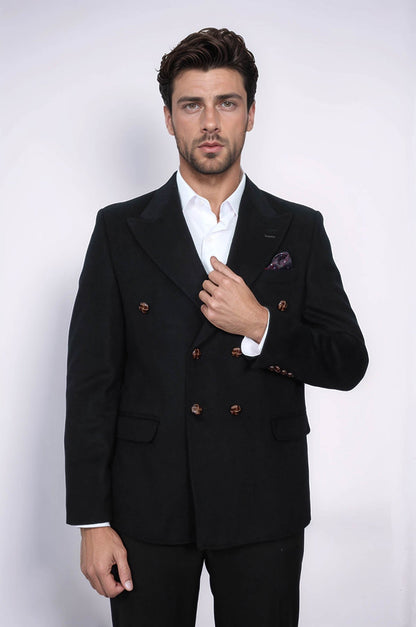 Mens Double Breasted Slim Fit Black Blazer - Wessi