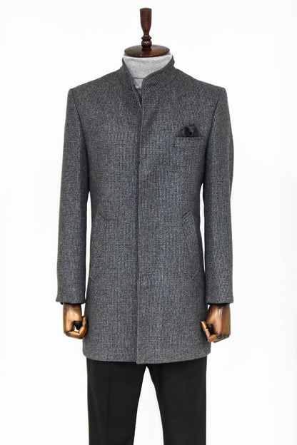Standing Collar Patterned Grey Men Coat