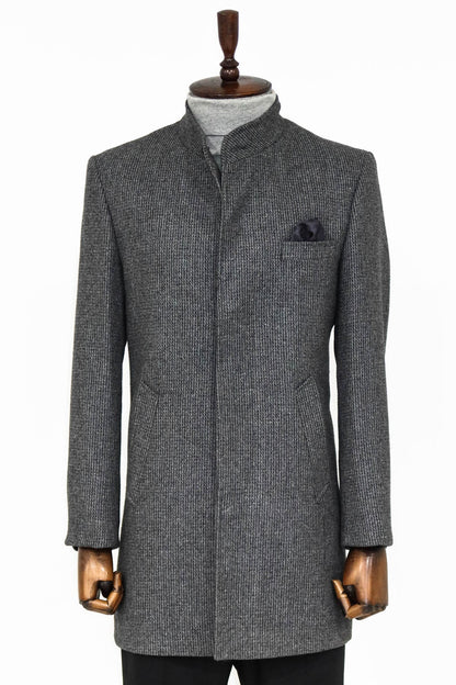 Standing Collar Patterned Grey Men Coat