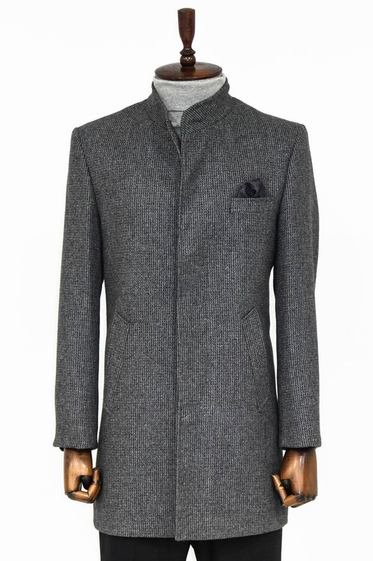 Standing Collar Patterned Grey Men Coat