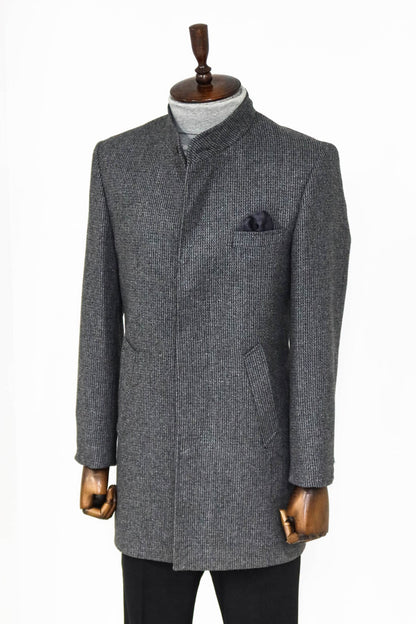 Standing Collar Patterned Grey Men Coat