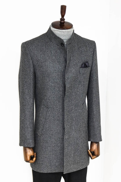 Standing Collar Patterned Grey Men Coat
