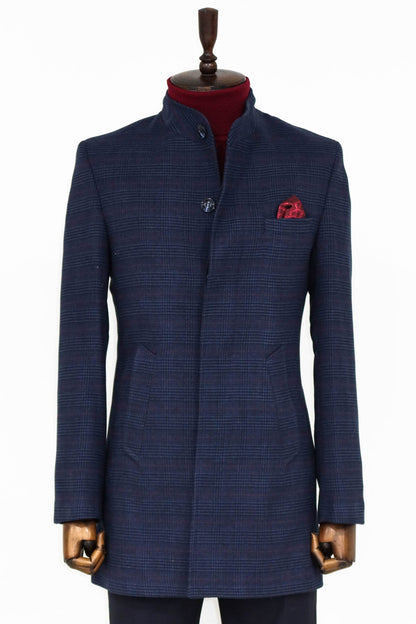Standing Collar Checked Navy Blue Men Coat